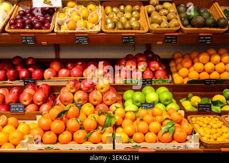 Variété colorée de fruits frais exposés dans une épicerie locale Banque D'Images