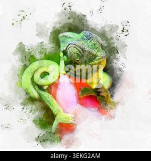 Caméléon se marie à des teintes roses et rouges éclatantes, créant un effet visuel dynamique, mettant en valeur l'art animal unique avec des éclaboussures et des détails de croquis O. Banque D'Images