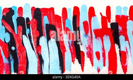 Fond peint abstrait audacieux avec des formes verticales rouges, bleues et noires avec un fort contraste et un attrait artistique contemporain. Texte accrocheur Banque D'Images