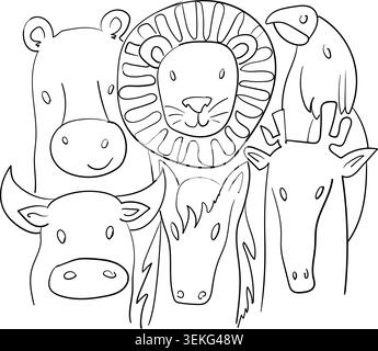 Illustration au trait dessinée à la main représentant un groupe d'animaux de safari comprenant une vache, un lion, un cheval, une girafe et un oiseau. Style de page de coloriage pédagogique a Illustration de Vecteur