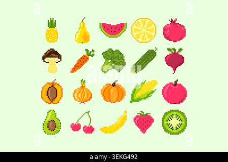 Collection colorée de pixel art mettant en vedette des fruits et des baies, y compris l'ananas, la poire, la pastèque, le citron, la grenade, abricot, banane, kiwi, strawberr Illustration de Vecteur