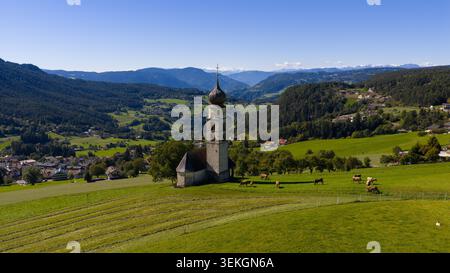 Église San valentino avec des vaches de pâturage dans le sud du tyrol Banque D'Images