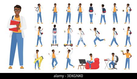 Jeu de personnages d'étudiant noir montrant la marche, l'étude, la danse, l'exercice, les déplacements et le travail poses avec sac à dos, livres et ordinateur portable isolé sur fond blanc illustration vectorielle Illustration de Vecteur