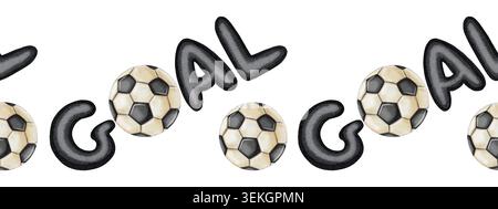 Bordure aquarelle sans couture avec ballons de football noir et blanc classiques. Motif sportif dessiné à la main, parfait pour les invitations sportives, tournoi poste Banque D'Images