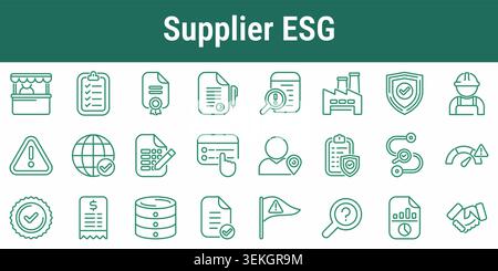 Icônes de ligne ESG fournisseur avec audits fournisseurs certificats alertes de risque L'usine vérifie le suivi des données des contrats et les rapports de performance pour une sup. Durable Illustration de Vecteur