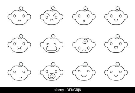 Mignon visage de bébé Doodle line Doodle set montrant heureux, triste, en colère, surpris, pleurs, dormir, et les expressions souriantes dans un style de contour simple isolé sur l'illustration vectorielle de fond blanc Illustration de Vecteur