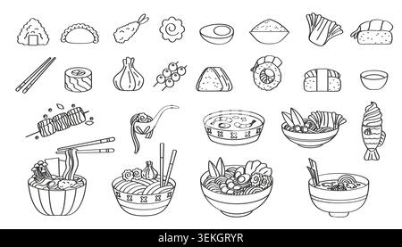 Collection d'icônes de la cuisine asiatique doodle avec sushi, ramen, riz, boulettes, nouilles, soupe, baguettes et desserts dans le style de contour isolé sur l'illustration vectorielle de fond blanc Illustration de Vecteur