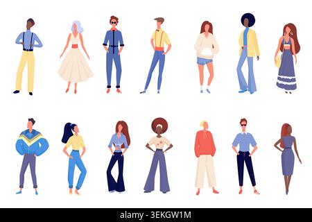 Collection d'hommes et de femmes rétro portant des vêtements vintage dans divers styles anciens de la mode, des personnages plats du corps entier isolés sur l'illustration vectorielle de fond blanc Illustration de Vecteur