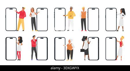 De minuscules personnes debout à côté de smartphones surdimensionnés, naviguant sur des écrans mobiles et discutant dans une scène de design plat moderne, isolées sur une illustration vectorielle de fond blanc Illustration de Vecteur