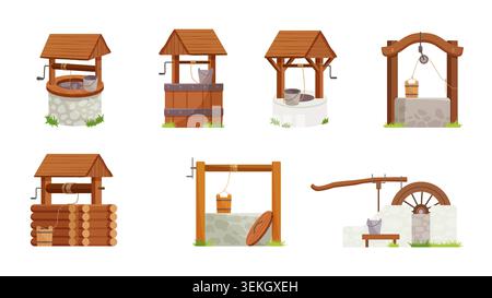 Collection de puits d'eau traditionnels avec des toits en bois, des bases en pierre, des seaux, des manivelles et des systèmes de poulies dans le style rural rustique isolé sur fond blanc illustration vectorielle Illustration de Vecteur