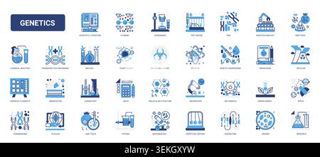 Symboles de science génétique et de biochimie montrant l'ADN, le clonage, les tests en laboratoire, la structure moléculaire et la microbiologie pour l'éducation et la recherche icônes de ligne de glyphe bleu solide illustration vectorielle Illustration de Vecteur