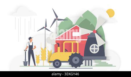 Scène agricole moderne avec tracteur, moulin à vent, turbines, cultures, agriculteur, nuage de pluie et soleil, montrant l'agriculture durable, l'énergie rurale et la récolte isolé sur fond blanc illustration vectorielle Illustration de Vecteur