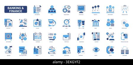 Symboles bancaires et financiers couvrant l'argent, l'investissement, les contrats, la protection, le crédit, echange, statistiques et services juridiques pour les entreprises utilisent des icônes de ligne de glyphe bleu plein ensemble illustration vectorielle Illustration de Vecteur