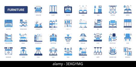 Meubles et symboles d'intérieur de maison comprenant des lits, tables, chaises, lampes, rangements, éléments de salle de bains et de décoration pour la planification de pièce icônes de ligne de glyphe bleu solide set illustration vectorielle Illustration de Vecteur