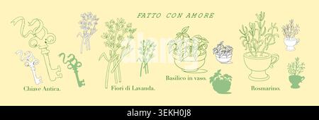 Herbes italiennes et touches vintage alignent le dessin. Éléments botaniques dessinés à la main pour modèle de marque de conception alimentaire créative. Contour graphique Illustration de Vecteur