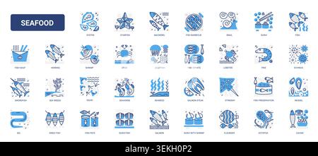 Symboles de fruits de mer avec poissons, crustacés, sushis et spécialités océaniques pour la conception de menu, l'emballage, l'image de marque de restaurant et le contenu culinaire icônes de ligne de glyphe bleu solide illustration vectorielle Illustration de Vecteur