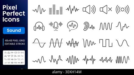 Icônes de ligne d'onde sonore définies. Audio, assistant vocal, pouls cardiaque, radio musicale, enregistrement microphone, illustration vectorielle minimale de bruit plat. Simple Illustration de Vecteur