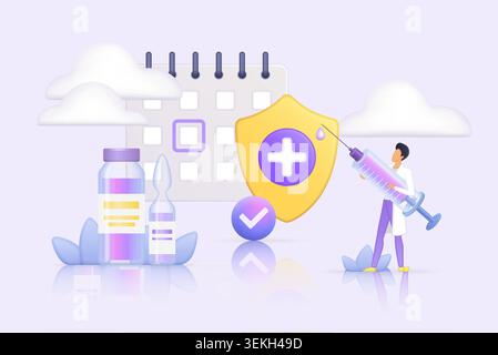 Concept de vaccination volumétrique avec seringue de retenue de médecin, flacon de vaccin, ampoule, bouclier médical et calendrier pour la programmation d'immunisation isolé sur fond blanc illustration vectorielle Illustration de Vecteur