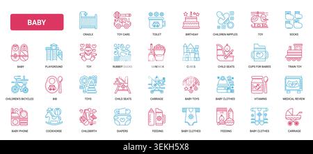 Symboles sur le thème des soins pour bébés et de la pépinière présentant des articles essentiels pour bébés, des jouets, des articles d'alimentation, des vêtements, des moyens de transport, les éléments de célébration pour les icônes complexes de ligne noire de conception parentale définissent l'illustration vectorielle Illustration de Vecteur