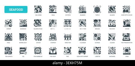 Fruits de mer à thème fruits de mer et symboles de cuisine de poisson pour les menus de restaurant, emballage, étiquettes de marché marque culinaire dans l'illustration vectorielle d'ensemble d'icônes noires solides Illustration de Vecteur