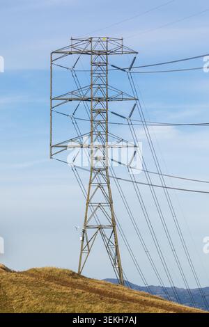 une grande tour de transmission électrique haute tension debout sur une colline sèche et herbeuse sous un ciel bleu doux. Santa Teresa County Park, Santa Clara Co Banque D'Images
