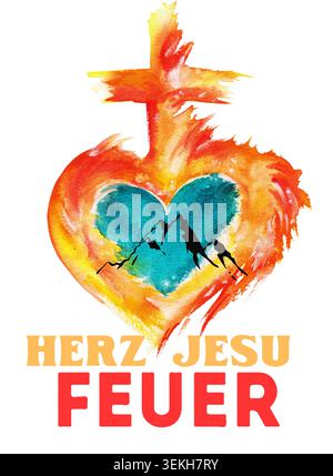Illustration aquarelle des feux de montagne Herz Jesu Feuer dans les Alpes. Célébration tyrolienne traditionnelle dessinée à la main avec croix brûlante et ciel nocturne. Banque D'Images