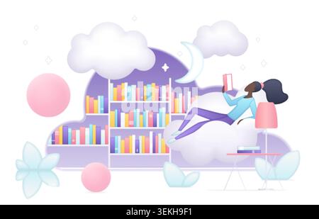 Femme lisant un livre dans un intérieur de bibliothèque de nuage de rêve avec étagères, lune, lampe et décor pastel, apprentissage en ligne ou thème d'imagination isolé sur fond blanc illustration vectorielle Illustration de Vecteur