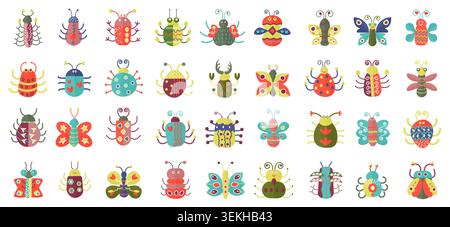 Collection d'insectes colorés mignons avec des coléoptères, des papillons, des coccinelles, des mouches et des insectes dans un style de dessin animé ludique, isolé sur fond blanc illustration vectorielle Illustration de Vecteur