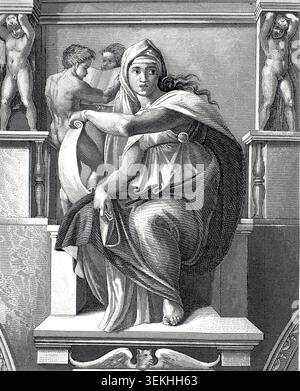L'image montre une gravure sur cuivre de la Sibyle Delphique, réalisée d'après la fresque de Michel-Ange dans la chapelle Sixtine, illustration, reproduction d'un original du XIXe siècle. Authentique, fichier restauré pour une utilisation optimale, date exacte de l'original inconnu, historique., Bild zeigt einen Kupferstich der Delphischen Sibylle, der nach dem Fresko von Michelangelo in der Sixtinischen Kapelle angefertigt wurde, illustration, reproduction von einer Vorlage aus dem 19. Jahrhundert. Authentisch, Datei restauriert für optimal Verwendung, Genaues Datum der Vorlage unbekannt, Historisch Banque D'Images