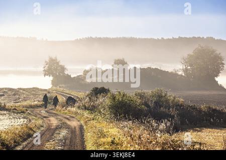 Deux personnes marchant le long du chemin de terre rural dans la lumière douce du matin avec la brume monte sur les champs environnants et les arbres Banque D'Images