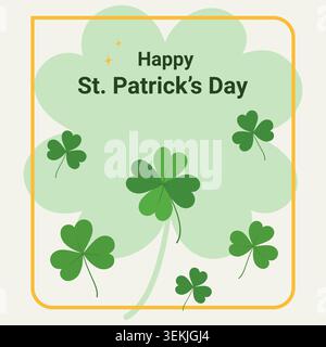 Modèle de carte pour la fête de la Saint Patrick avec feuilles de trèfle texte et cadre Colden minimaliste plat design. Illustrations vectorielles de voeux, conception de cartes à thème, invitation à la fête, promo, actif de marque ou produit Illustration de Vecteur