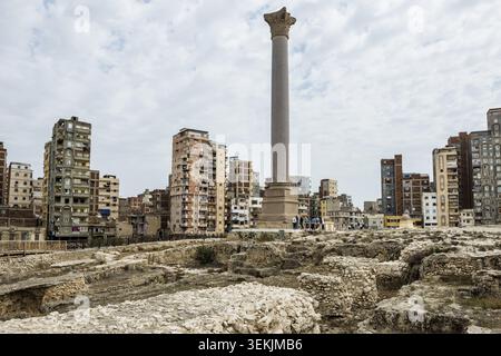 Site archéologique romain au milieu de la ville et gratte-ciel, colonne de Pompée, Alexandrie, Egypte Banque D'Images