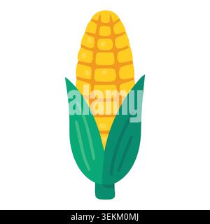 Maïs jaune vibrant avec des feuilles vertes dans une illustration vectorielle simple et plate. Idéal pour l'emballage alimentaire, la marque et l'utilisation éditoriale. Comporte un seul Illustration de Vecteur