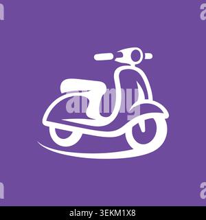 Illustration minimaliste d'art de ligne blanche d'un scooter moderne sur un fond violet solide, idéal pour le transport, la logistique de marque, les icônes, infograp Illustration de Vecteur