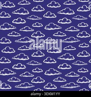 Cette illustration présente un motif de répétition sans couture de nuages blancs de style bande dessinée sur un fond bleu Uni, idéal pour l'impression textile, la conception de tissu, Illustration de Vecteur