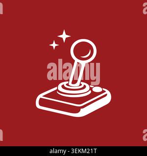 Une illustration vectorielle plate blanche d'un joystick de jeu d'arcade sur un fond rouge avec deux étincelles, idéal pour le jeu et le divertissement de marque, icônes, Illustration de Vecteur