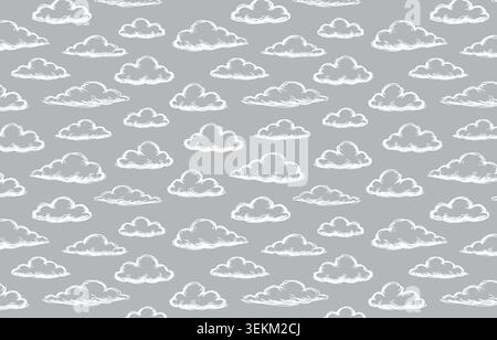 Ce motif de répétition sans couture présente des nuages blancs de style dessin animé dispersés sur un fond gris clair, idéal pour l'impression textile, la conception de tissu et Illustration de Vecteur