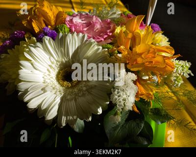 Vue rapprochée d'une gerbera blanche et fleurs de lis orange dans un bouquet sous la lumière du soleil. Banque D'Images