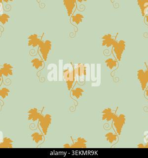 motif sans couture avec des illustrations de silhouette minimaliste de grappes de raisins avec des vignes bouclées et des feuilles sur un fond vert olive doux. Élégant bo Illustration de Vecteur