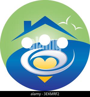 Un logo coloré de soins familiaux avec un toit de maison, des figures de famille, des mains attentionnées et un symbole de cœur. La conception représente les soins à domicile, le soutien familial Illustration de Vecteur