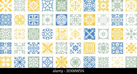 Carreaux de céramique méditerranéens avec des motifs portugais bleus avec des ornements floraux. Motif mosaïque azulejo traditionnel avec motifs géométriques parfait pour Illustration de Vecteur