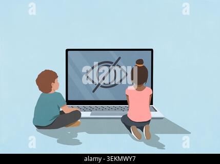 Garçon et fille regardant le contrôle de confidentialité des yeux rayés sur l'écran d'ordinateur portable Banque D'Images