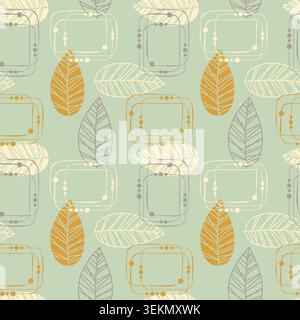 Motif dans le style scandinave nordique avec des feuilles abstraites minimalistes, des rectangles modernes rétro du milieu du siècle et des dessins au trait épuré sur un doux cri de sauge Illustration de Vecteur