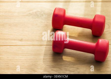 Paire d'haltères rouges sur plancher en bois clair avec lumière chaude du soleil. Idéal pour l'entraînement à la maison, le fitness et les concepts de style de vie sain avec espace de copie Banque D'Images