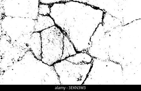 Texture de béton fissuré en gros plan avec des lignes sombres irrégulières et une surface vieillie rugueuse, motif abstrait à fort contraste pour les arrière-plans, les superpositions Banque D'Images