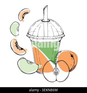 Tranches de pomme, nectarine ou abricot, smoothie à couches de pêche dans un gobelet à emporter en forme de dôme. Illustration vectorielle d'encre dessinée à la main. Menus de jus de fruits de café d'automne Illustration de Vecteur