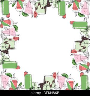 Kiwi, pommes et fraises mélanges de baies, cadre de boisson de fruits carrés matcha dessiné à la main dans le vecteur d'encre. Dépliants de produits naturels, bordures d'invitation de fête Illustration de Vecteur