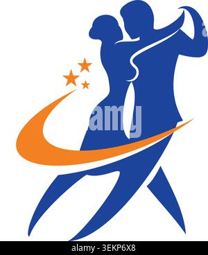 Élégant logo de couple de danse de salle de bal avec mouvement fluide, touches de swoosh orange et étoiles symbolisant la grâce et la performance. Illustration de Vecteur