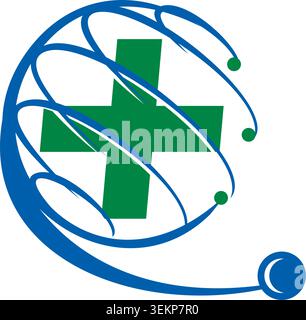 Logo professionnel de la santé avec une croix médicale, des éléments de réseau mondial et un stéthoscope symbolisant les services médicaux modernes. Illustration de Vecteur