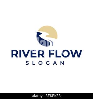 Logo Modern River avec un symbole d'eau qui coule avec un horizon de soleil dans un style de paysage abstrait propre adapté aux agences de voyages, Resorts, Envir Illustration de Vecteur